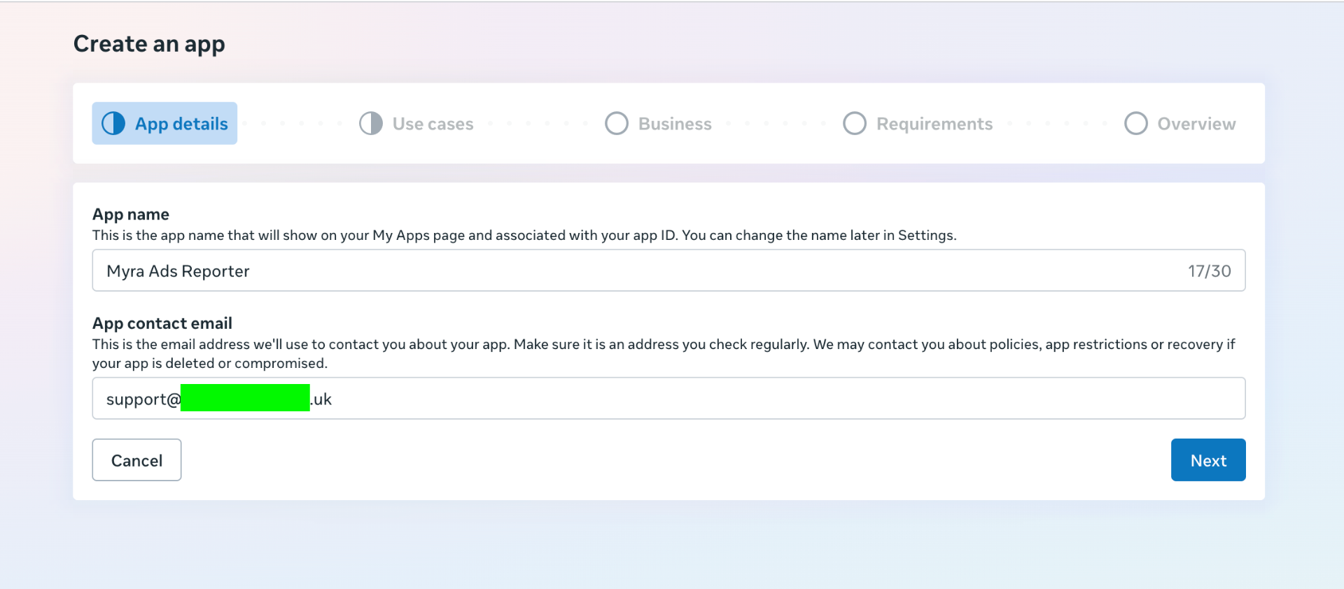 Meta App - App details step with name and contact email filled in