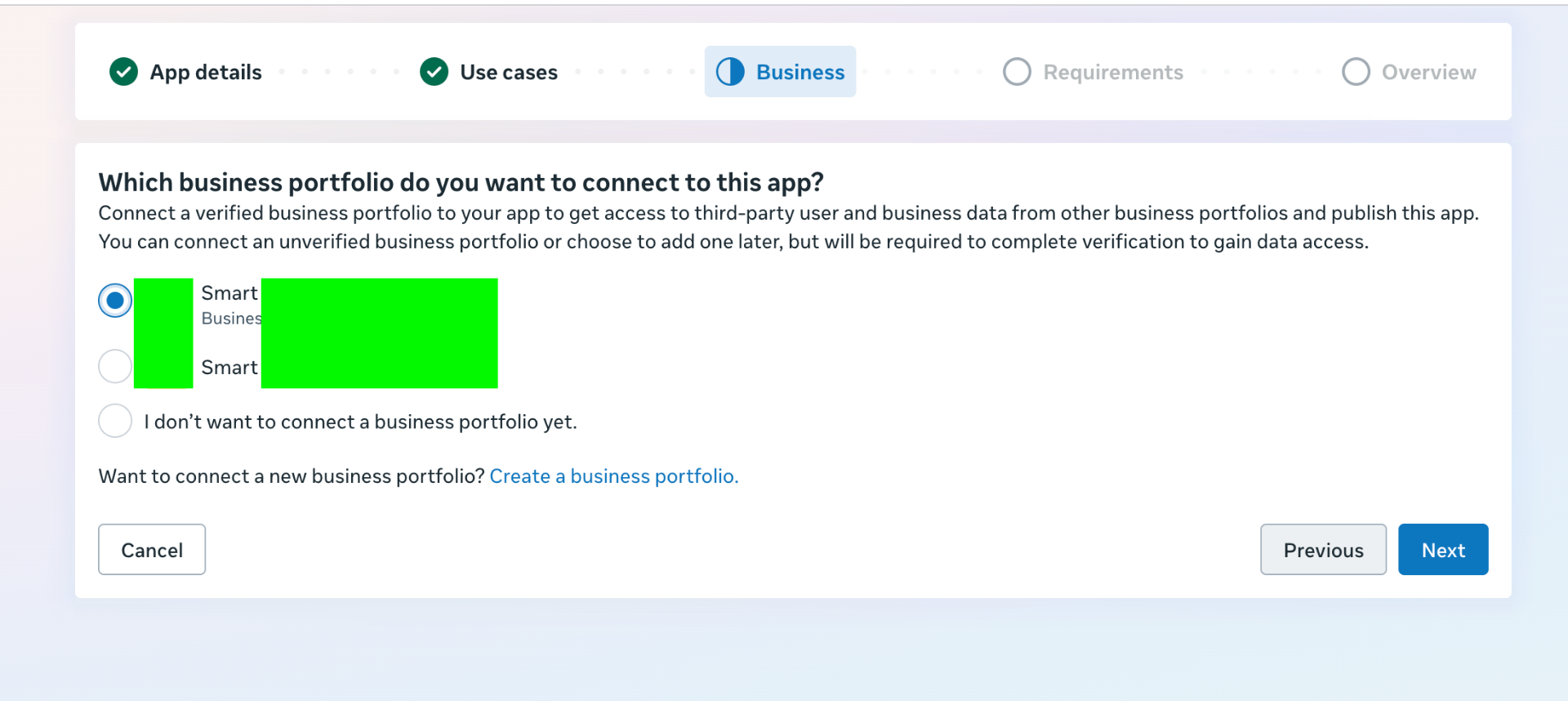 Meta App - Business portfolio selection step