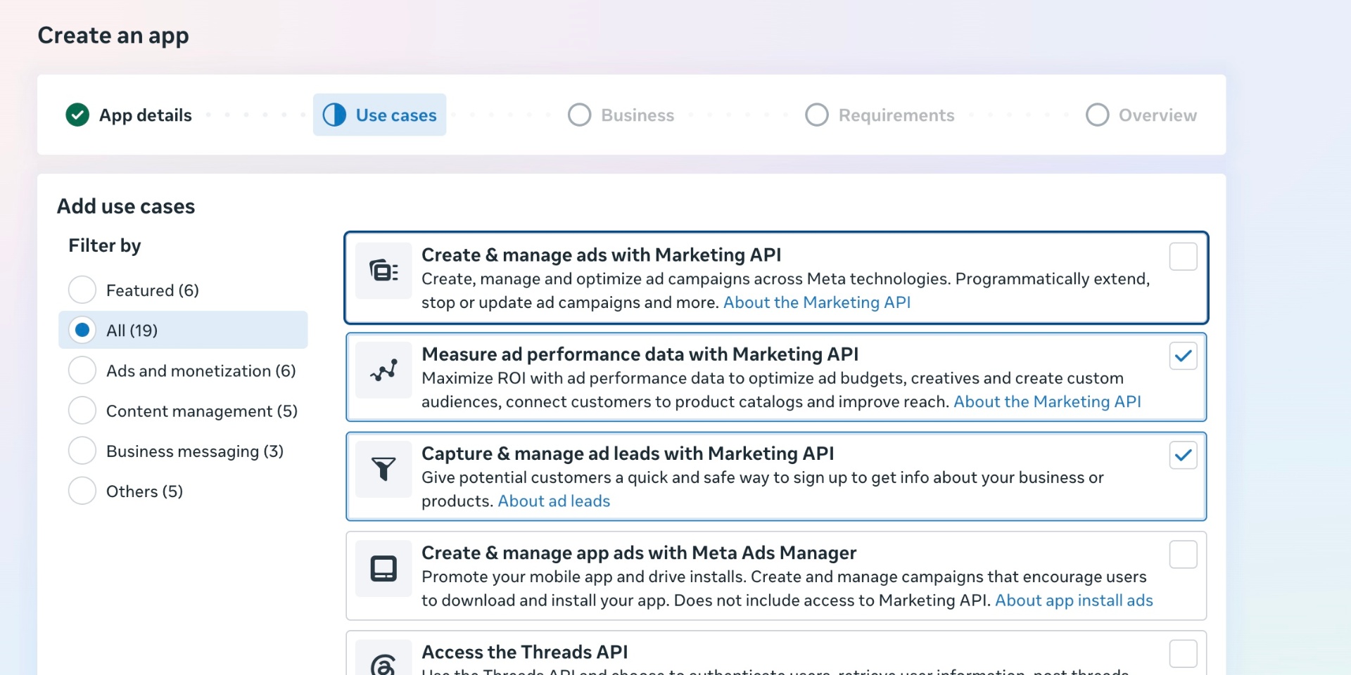 Meta App - Use cases screen with the two Marketing API use cases ticked